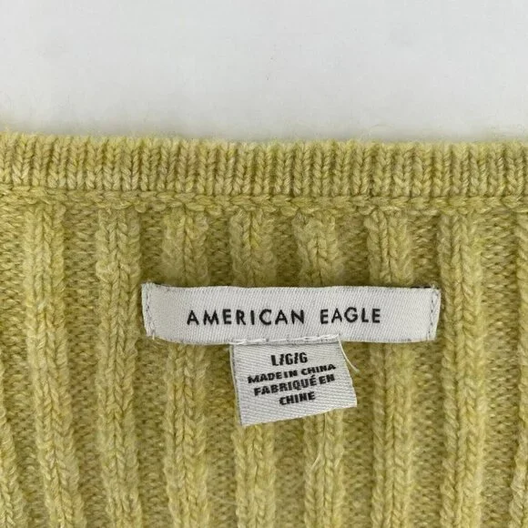 American Eagle Button-Front Cardigan Size Large Yellow Ribbed Cropped L - Picture 7 of 11